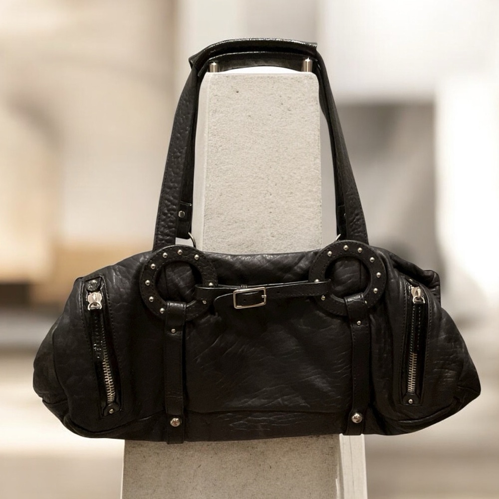 Malene Birger Copenhagen Large Black Leather Satchel Studded Shoulder Bag Purse